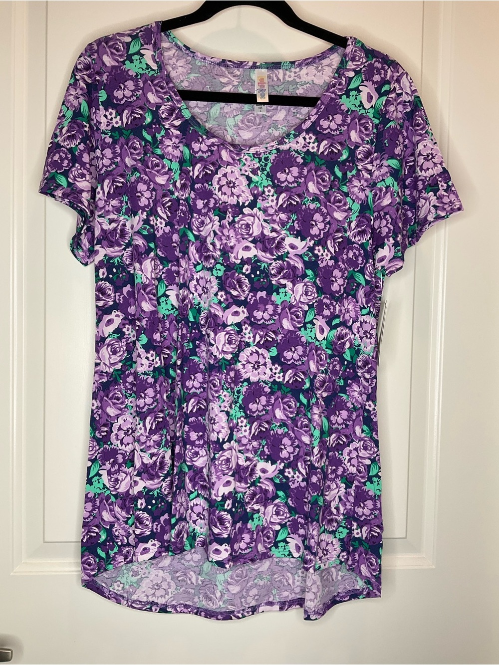 LuLaRoe Classic Purple Floral Short Sleeve Top with Pink & Teal Accents L